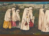 painting of a group of women dressed in white standing in front of a city
