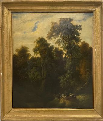 une image représentant un tableau représentant un paysage boisé avec des arbres