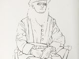 drawing of a man with a hat and glasses sitting on a chair