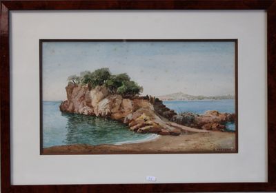 painting of a rocky beach with a small island in the middle