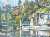 a painting of a river with a bridge in the background