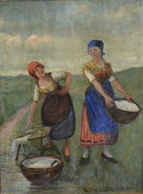 painting of two women in a field with a basket of water