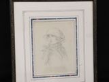 framed drawing of a woman with a hat and a scarf