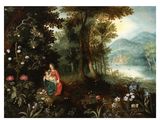 un tableau représentant une femme et un enfant dans un paysage boisé