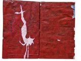 un livre rouge sur lequel figure l'image d'un homme et d'un chien
