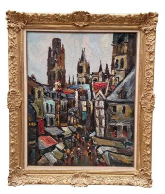 une peinture à l'huile représentant une scène de rue en ville, avec une église en arrière-plan