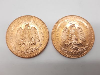 deux pièces d'or, dont l'une représente un aigle et l'autre un oiseau