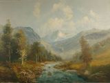 peinture représentant un paysage de montagne avec un ruisseau au premier plan