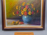 an oil painting of flowers in a blue vase on a table