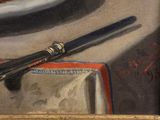a painting of a plate of food with a fork and knife on it