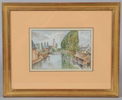 an image of a painting of a river with houses and trees