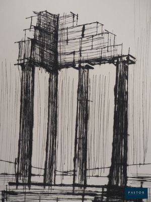 dessin représentant une image en noir et blanc d'un bâtiment sur lequel sont installés des échafaudages