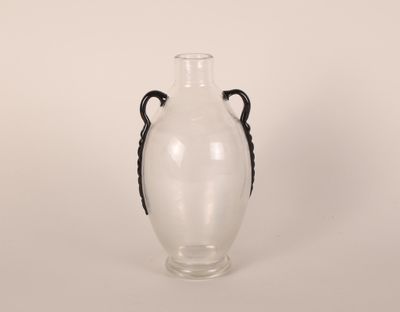 a glass vase with a black handle on a white background