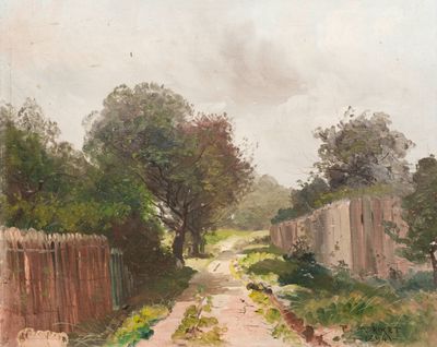 une peinture d'un chemin de terre au milieu d'un champ