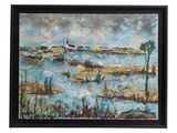 a painting of a landscape with water and trees in it