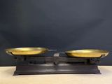 pair of antique brass plated scales on wooden stand