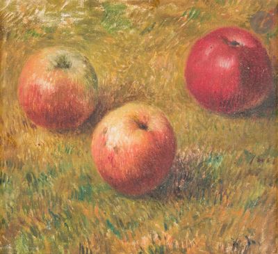 tableau représentant trois pommes dans un champ d'herbe, dont une rouge et une verte