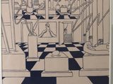 a drawing of a room with a checkered floor and a black and white checkered floor