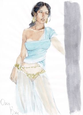 tableau représentant une femme vêtue d'un haut bleu et d'une jupe blanche