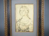 a drawing of a woman in a dress is shown in a gold frame