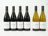 six bouteilles de vin sont alignées sur une surface blanche