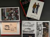 three books on a table with pictures of people and a car