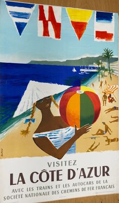 tableau représentant une femme tenant un ballon de plage face à l'océan
