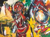 peinture abstraite représentant une femme et un homme dans une pièce jaune