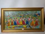painting of a group of women in colorful dresses in a gold frame