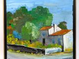 an oil painting of a house and a boat on the water