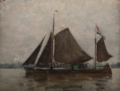 peinture d'un bateau sur l'eau sur fond de ciel