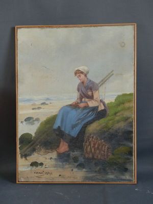 tableau représentant une femme assise sur un rocher au bord de la mer