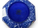 blue and white bowl with stars and constellations on it on a white surface