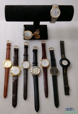 plusieurs montres différentes et un présentoir à montres posés sur une surface blanche