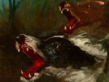 painting of two dogs fighting with each other in a wooded area
