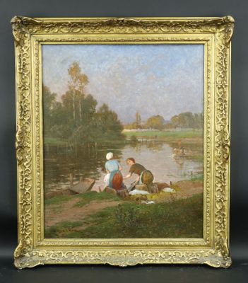 une image représentant un tableau où l'on voit deux enfants assis au bord d'une rivière