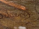 a close up of a painting of a bird on a tree
