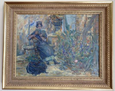 an oil painting of a woman sitting on a bench in front of a window