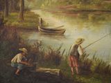 painting of two men fishing on a river with a boat in the background