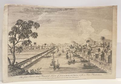 an old drawing of a river with boats and people on it
