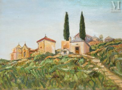 une peinture à l'huile représentant une maison sur une colline avec des arbres en arrière-plan