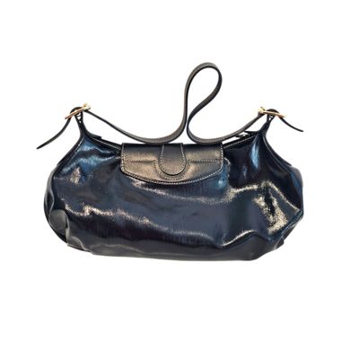black leather handbag on white background with clipping for text