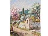 une peinture à l'huile représentant une petite maison au bord d'une route de campagne