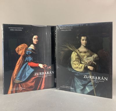two books on a table with a painting of a woman in a blue dress and a painting of a man