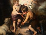 a painting of two children and a dog in the woods