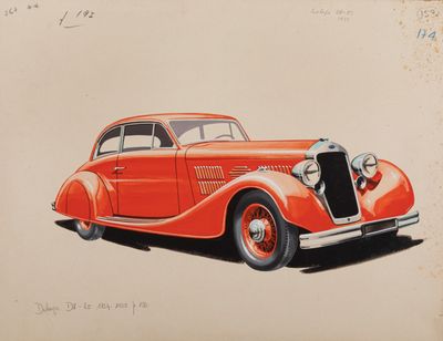drawing of an orange car with a white background and a brown background