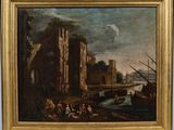 une image d'une peinture représentant une scène de rivière avec un château à l'arrière-plan