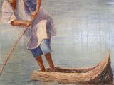 a painting of a man on a boat in the water