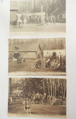 several pictures of horses and jockeys in a field with a building in the background
