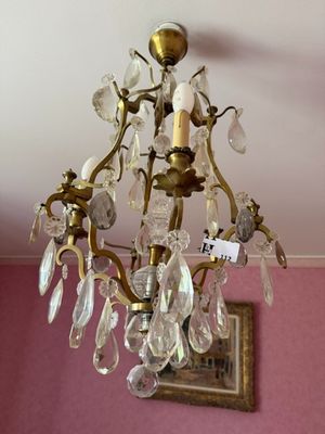 Lustre à pampilles style N III à 3 lumières et cerclage bron…